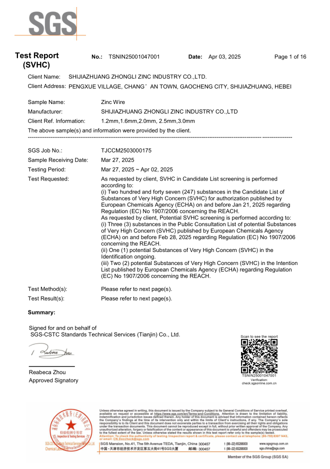 2025 – Zinc Wire Reach Inspection Report