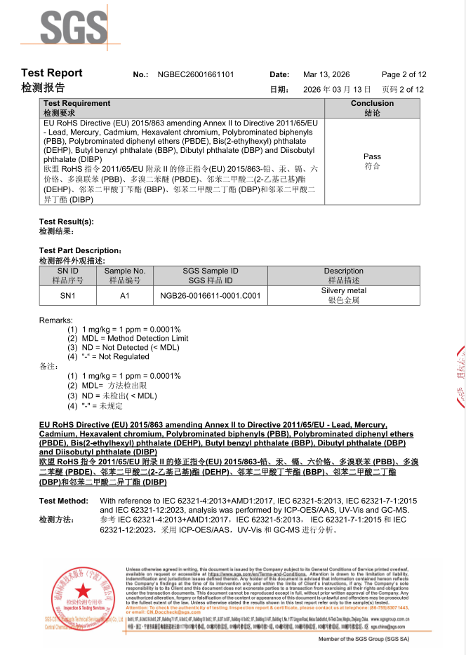 The 2026 zinc wire test results confirm compliance with the EU RoHS Directive.