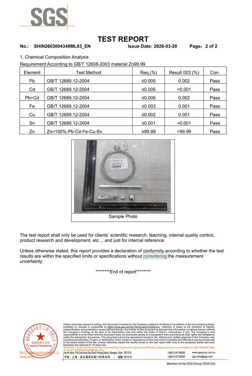 99.995% High-Purity Zinc Wire: SGS Chemical Composition Test Report